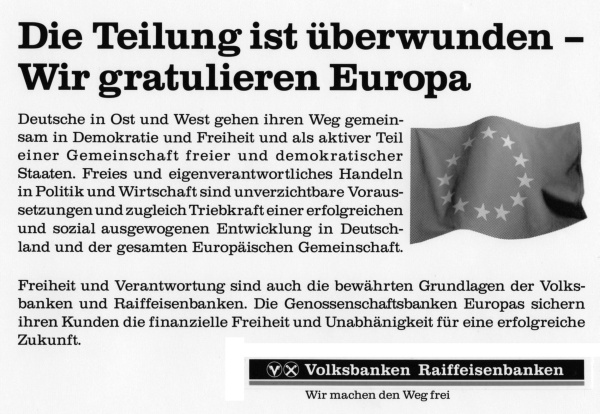 Deutsche Einheit 1990 Anzeige Volksbanken Raiffeisenbanken